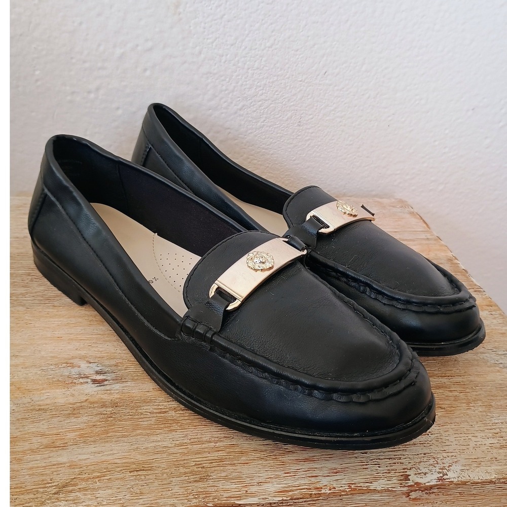 Anne Klein Women Black iFlex Loafers Gold Lion Hardware Moc Toe Shoes 9.5M